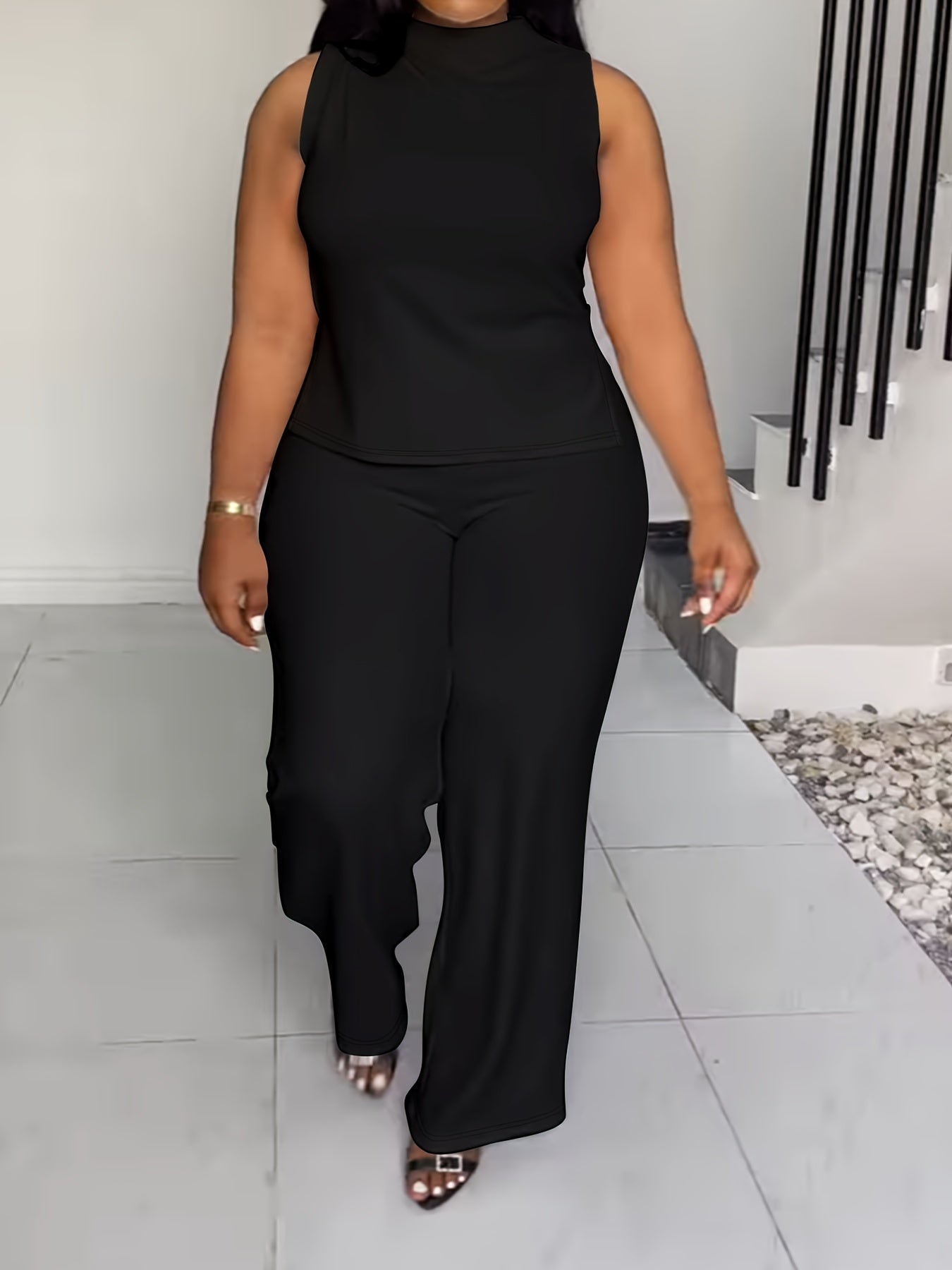 Plus Size Elegant Lash Sets - High Neck, Split Sleeveless Top & Slit Hem Pants, Medium Stretch Polyester, Machine Washable, Solid Color, No Printing - Summer Outfits for Women