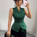 Women's Elegant Sleeveless Blouse with Adjustable Waist Tie Belt - Solid Green () Office to Party Shirt, Structured Collar & Back Closure, Machine Washable Non-Stretch Top for Spring Summer Fall Casual & Formal Wear, Womens T