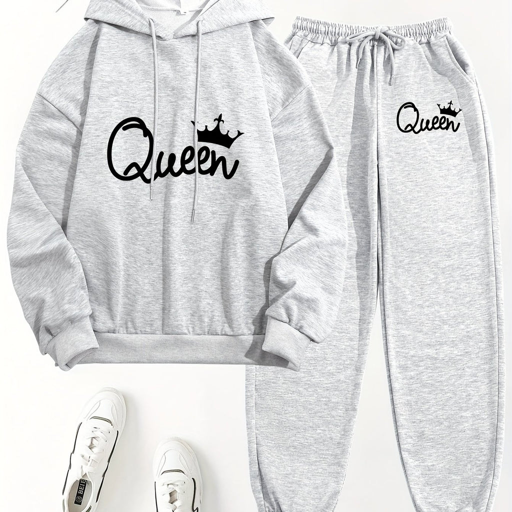 Queen Letter Print Two-Piece Set - Cozy Casual Long Sleeve Hoodie & Drawstring Sweatpants Outfits for Women - Soft Fleece Lining, Relaxed Fit, and Stylish Letter Print Design
