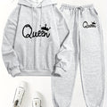 Queen Letter Print Two-Piece Set - Cozy Casual Long Sleeve Hoodie & Drawstring Sweatpants Outfits for Women - Soft Fleece Lining, Relaxed Fit, and Stylish Letter Print Design