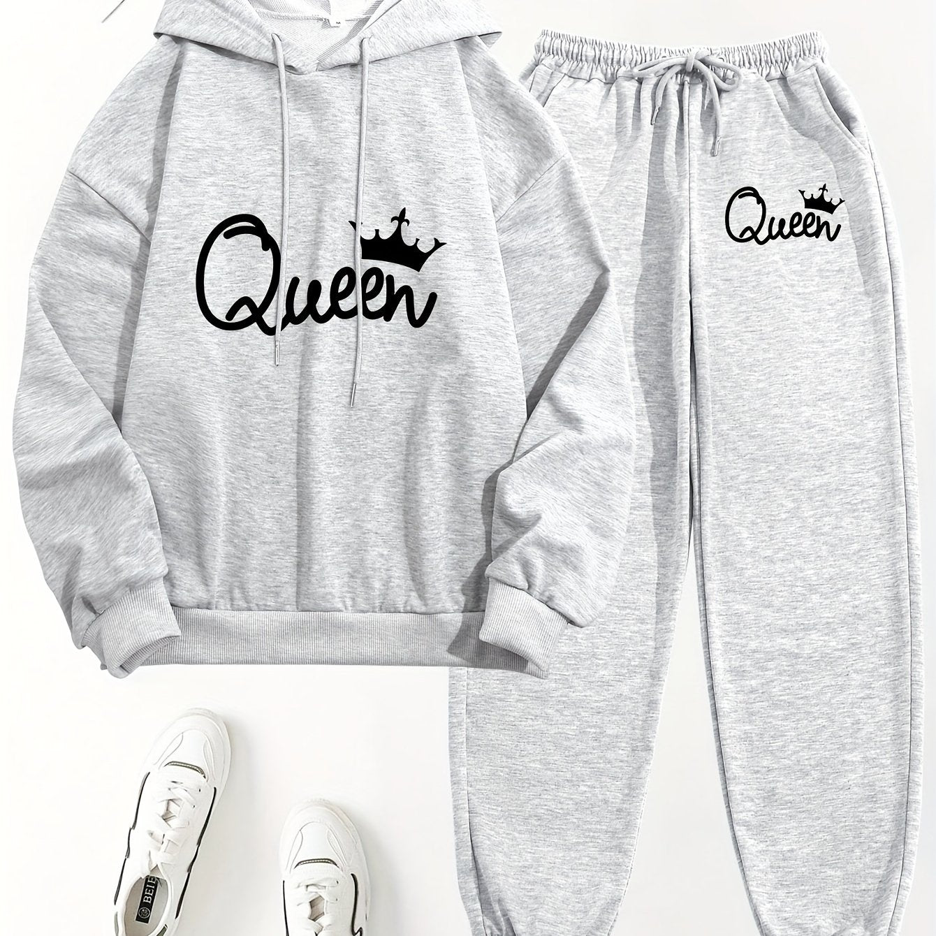 Queen Letter Print Two-Piece Set - Cozy Casual Long Sleeve Hoodie & Drawstring Sweatpants Outfits for Women - Soft Fleece Lining, Relaxed Fit, and Stylish Letter Print Design