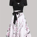 Two-Piece Elegance Set - Short Sleeve Surplice Neck Belted Top & Floral Print Flared Skirt Outfit with Comfortable Fabric, Adjustable Waist, and Chic Design - Women's Clothing for Formal Occasions