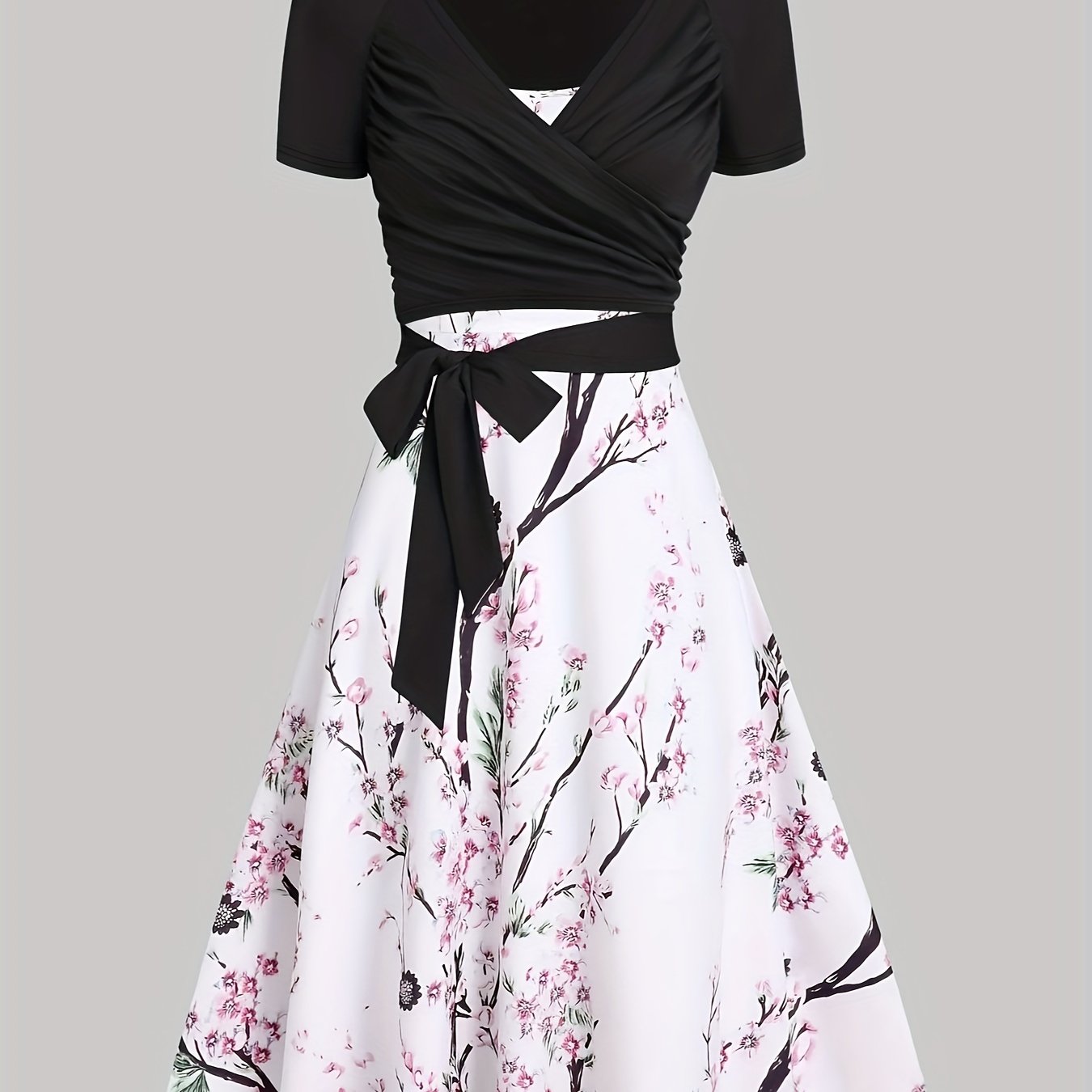 Two-Piece Elegance Set - Short Sleeve Surplice Neck Belted Top & Floral Print Flared Skirt Outfit with Comfortable Fabric, Adjustable Waist, and Chic Design - Women's Clothing for Formal Occasions