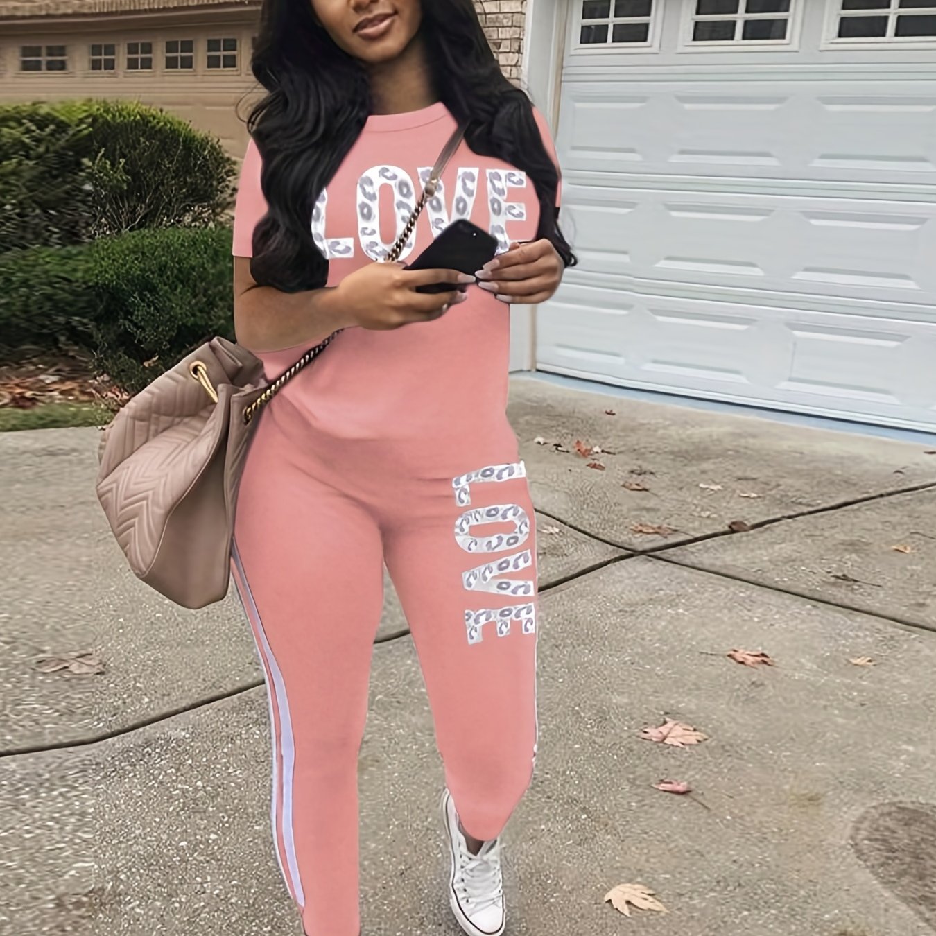 Casual Letter Print Two-piece Set, Short Sleeve T-shirt & Side Striped Pants Outfits - Women's Clothing -  Stylish & Comfortable - For Casual Wear - Perfect Gift for Fashionable Women