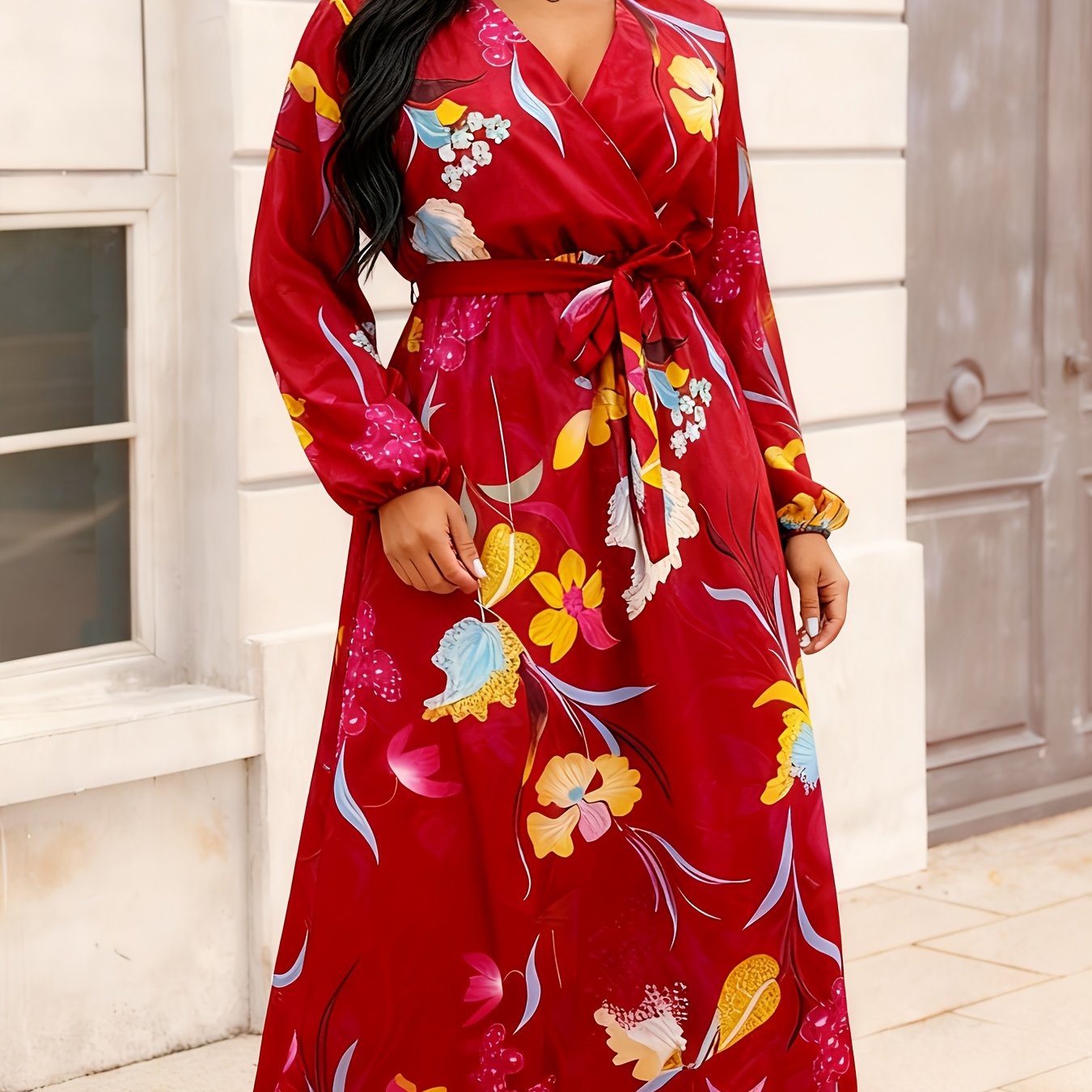 Plus Size, Women's Plus Size Maxi Dress V-Neck Tropical Print A-Line Beach Dress with - Semi-Sheer H-Line Maxi Dress Suitable for Resort Wear, Summer Dresses, Casual Outfits - Machine Washable Long Maxi Length