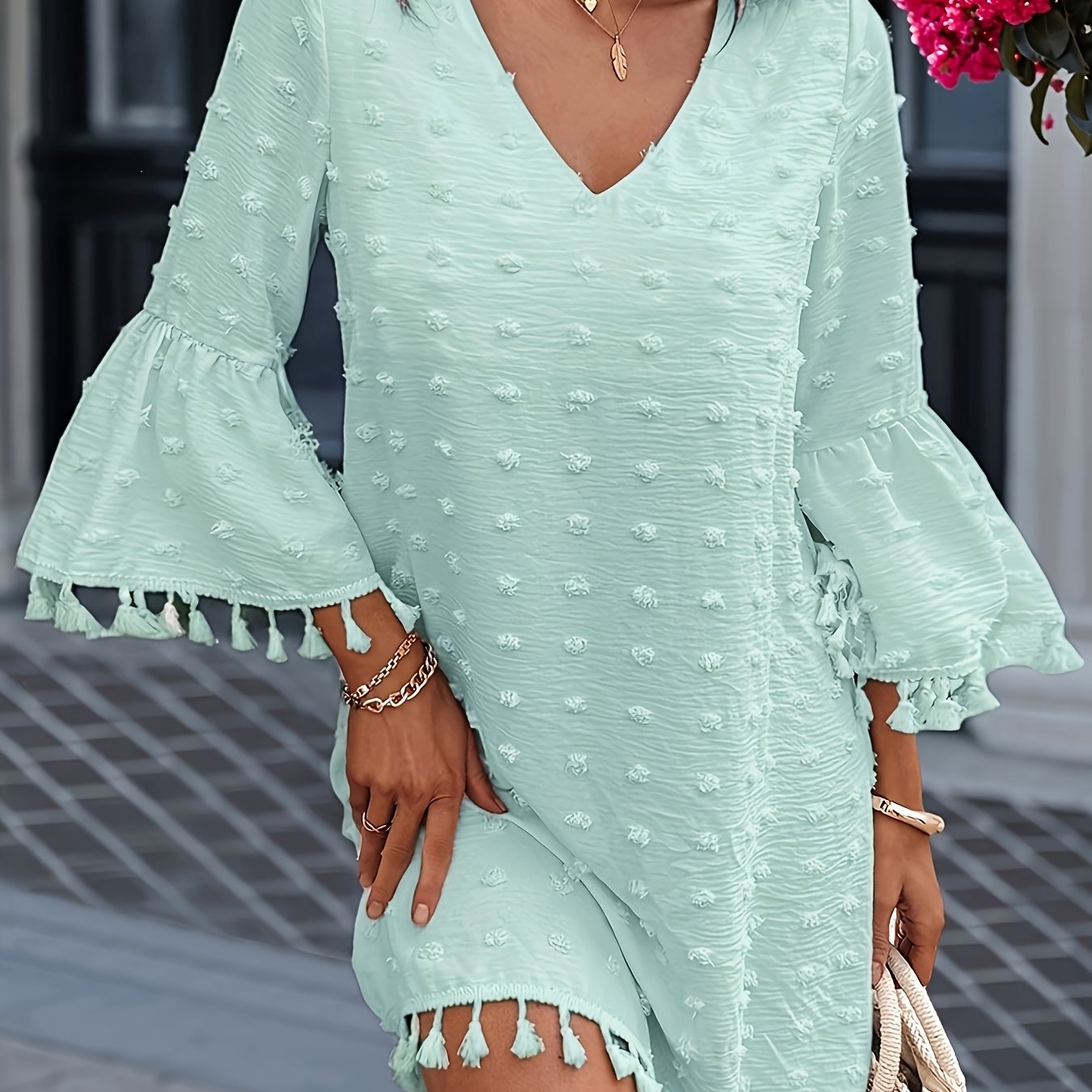 Women's Summer Casual Polka Dot V-Neck Dress with Ruffle Sleeves & Cutout Details - Lightweight Straight Cut Beach Dress for Women, Hand Wash Only, Summer Fashion | Bohemian Style | Frayed Hem Detailing, Summer Dresses