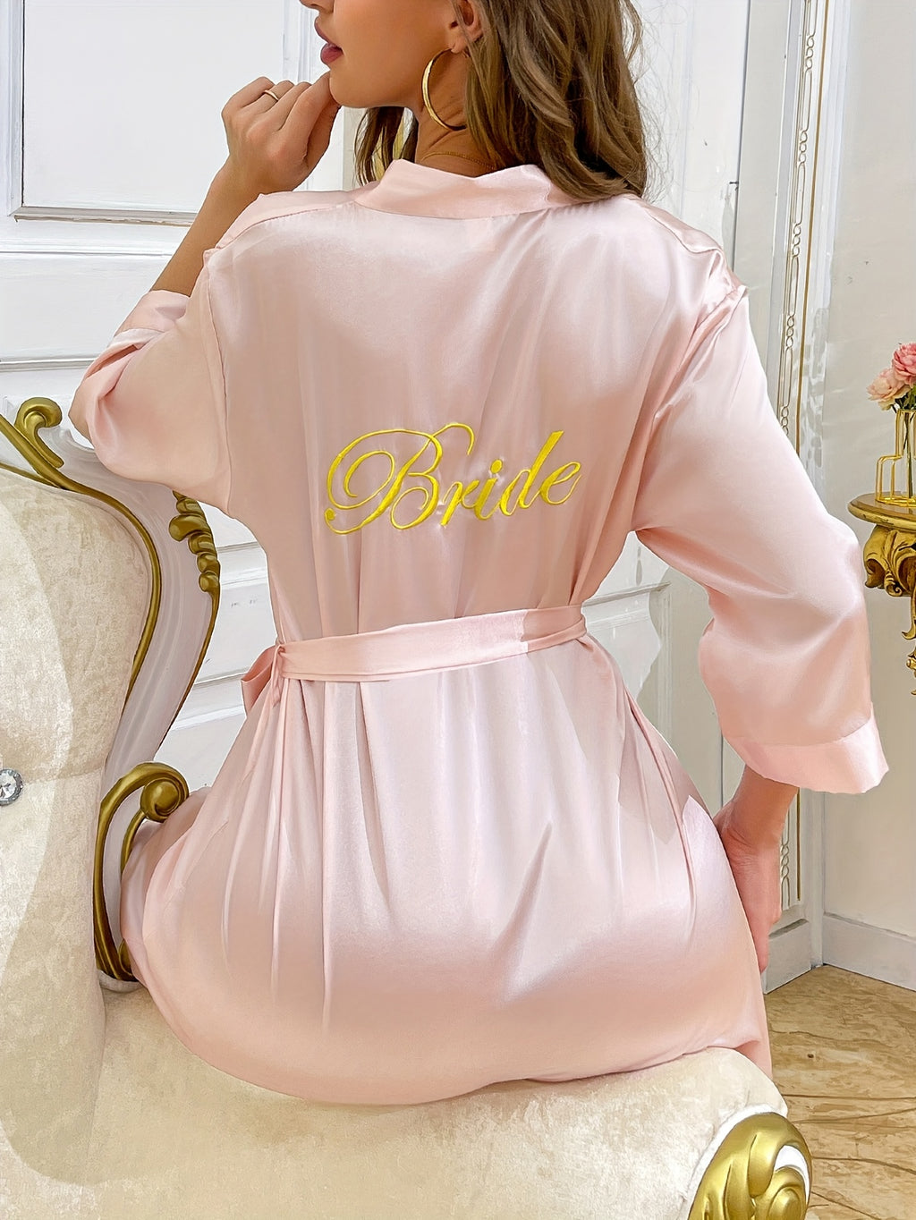Elegant Long Sleeve Bridal Robe for Women - Pink Satin Nightgown with Golden "Bride" Embroidery, Asymmetrical Neckline, Belted Waist, Perfect for Weddings, Sleepwear, and Special Occasions, Wedding Dresses for Bride, Wedding