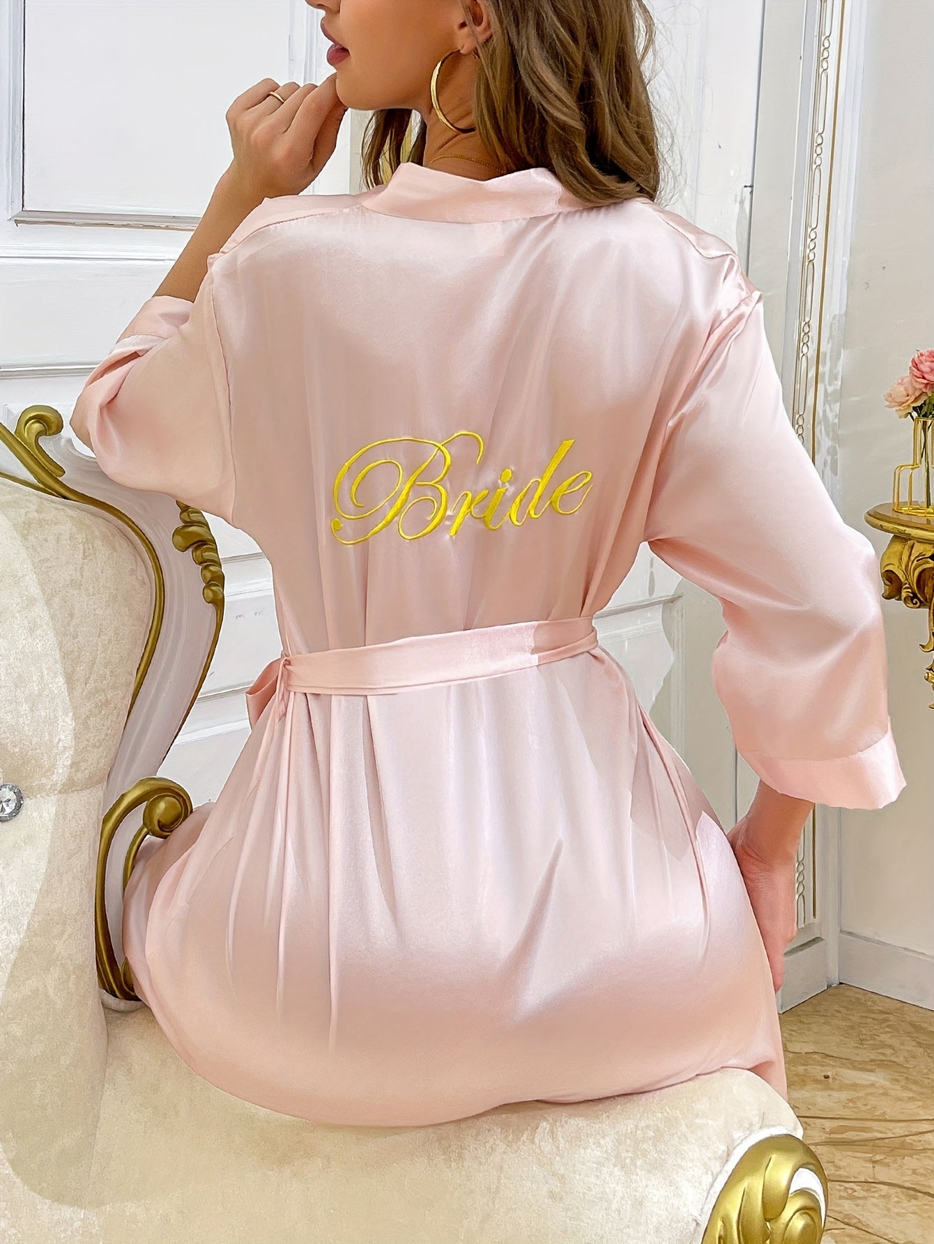 Elegant Long Sleeve Bridal Robe for Women - Pink Satin Nightgown with Golden "Bride" Embroidery, Asymmetrical Neckline, Belted Waist, Perfect for Weddings, Sleepwear, and Special Occasions, Wedding Dresses for Bride, Wedding