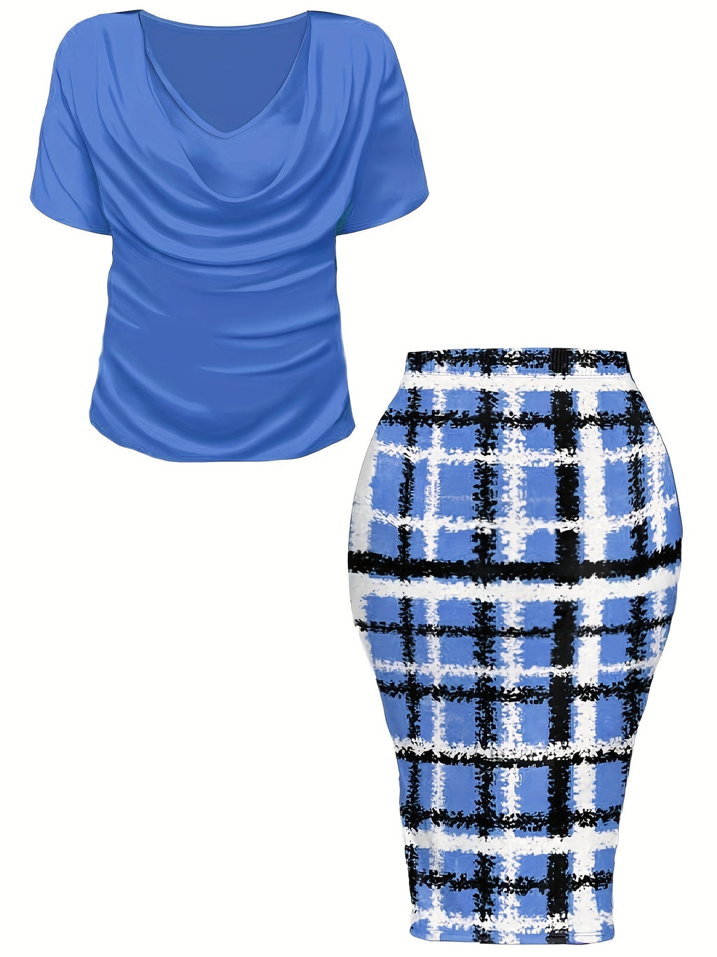 Women's Plus Size Plaid Print Two-piece Set, Cowl Neck Short Sleeve Top & Skirt Outfits -  For Women Size 14-24 - Casual & Stylish - Perfect for Fall/Winter - Great Gift for Fashionable Women
