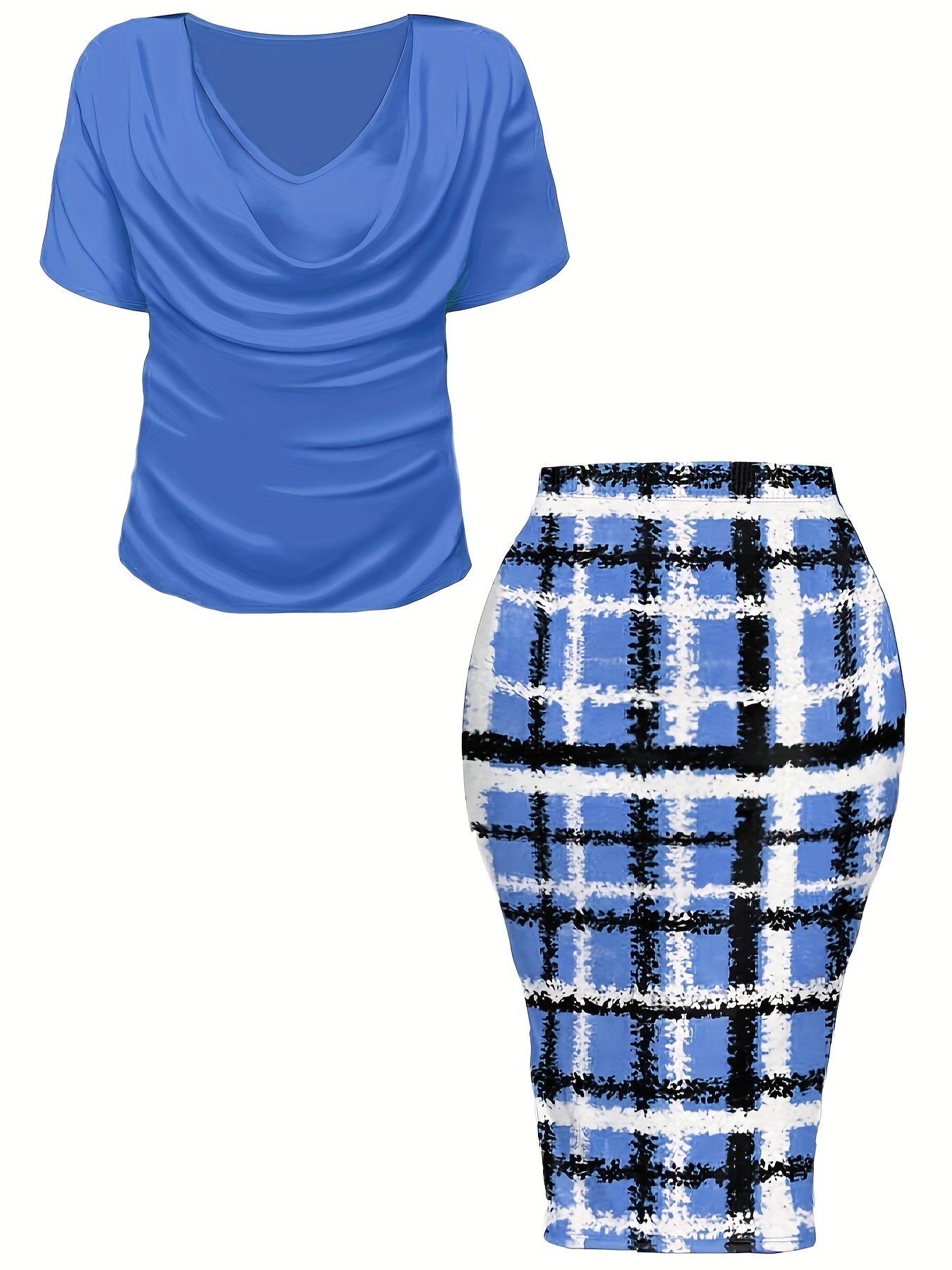 Women's Plus Size Plaid Print Two-piece Set, Cowl Neck Short Sleeve Top & Skirt Outfits -  For Women Size 14-24 - Casual & Stylish - Perfect for Fall/Winter - Great Gift for Fashionable Women