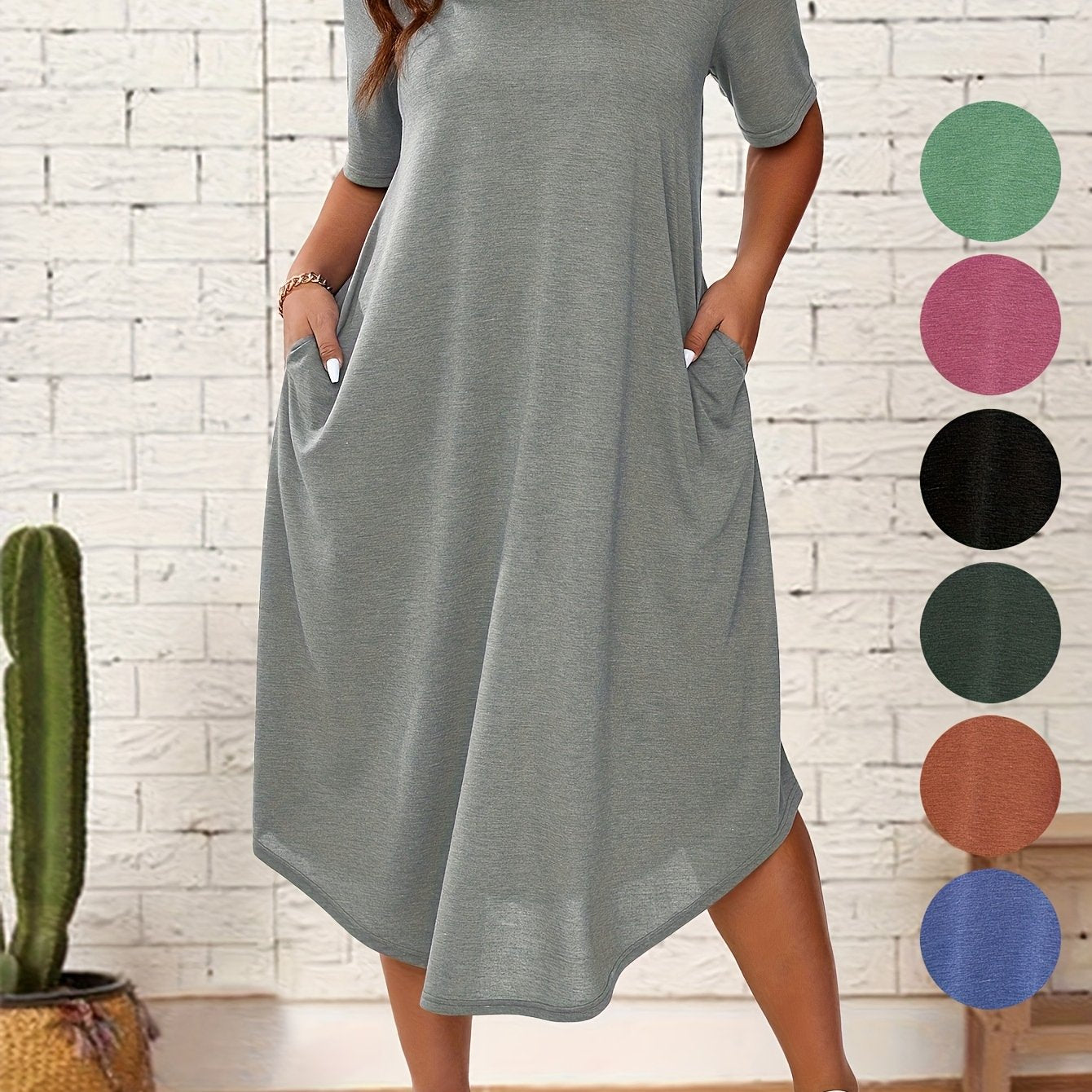 Plus Size Solid Color Dress, Casual Short Sleeve Crew Neck Dress for Spring & Summer, Women's Plus Size Clothing, Plus Size Dresses