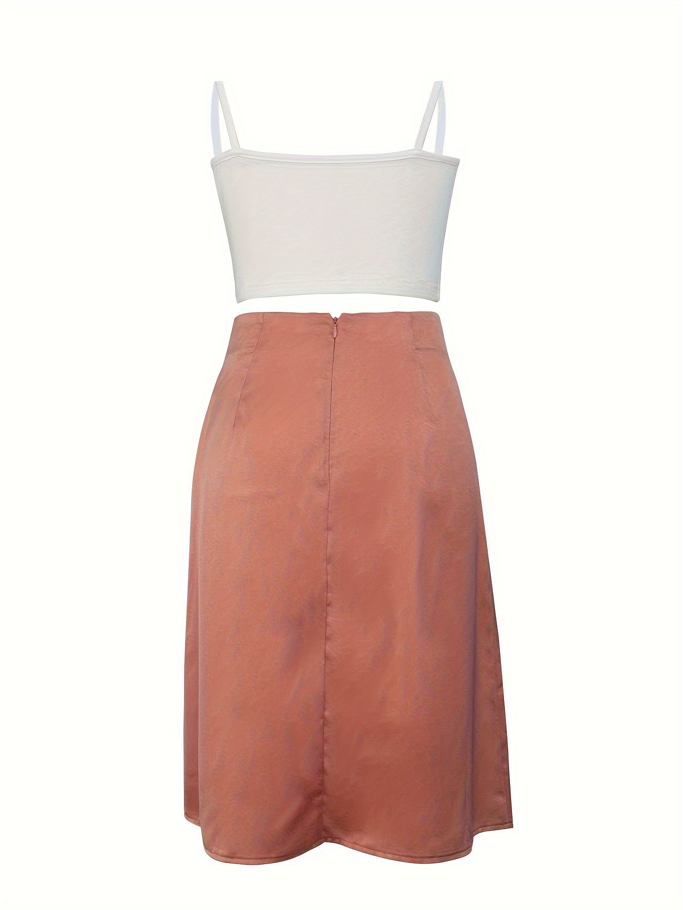 Elegant Solid Color Slim Two-piece Skirt Set - Solid Color Spaghetti Strap Crop Cami Top & Split Thigh Button Zipper Back Skirt Outfits - For Women - Suitable for Parties & Dates - Perfect Gift for Her