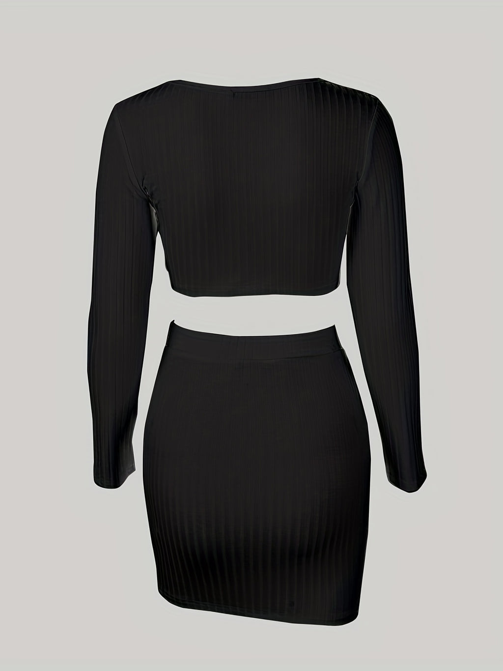 Two-piece Set, Long Sleeve V Neck Crop Tops & Bag Hip Skirts Outfits, Solid Sexy Women's Clothing