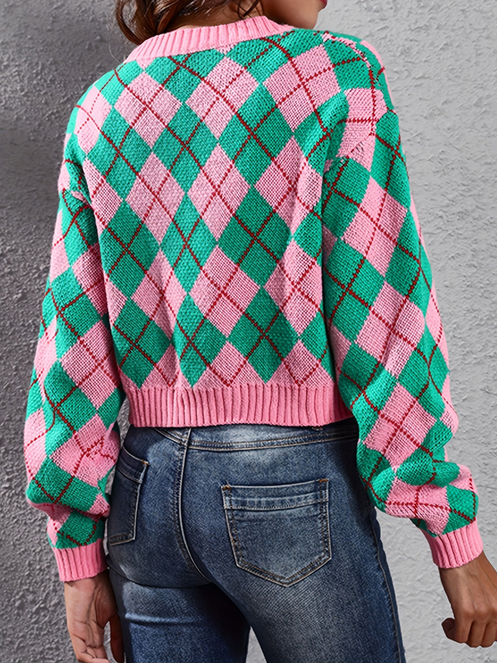 Women'S Elegant Tartan Knit Cardigan, V-Neck Short Length Sweater with Button Detail, Acrylic 100% Long Sleeve Knitwear for Fall/Winter