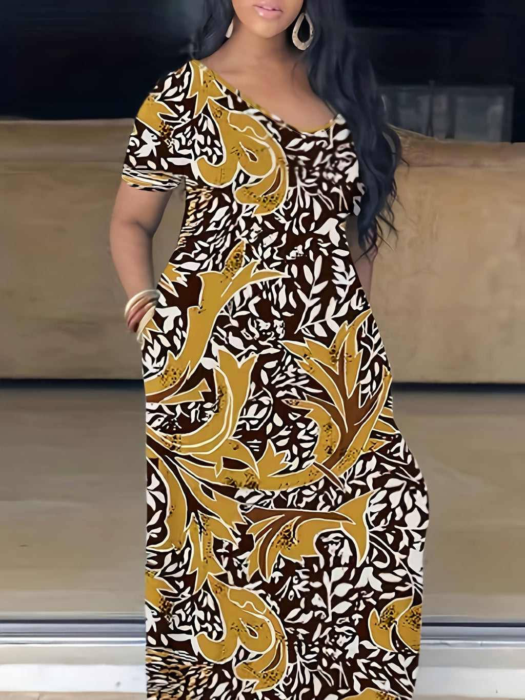 Plus Size Maxi Dress with Pocket, Women's Plus Tie Dye Print Short Sleeve Elegant Medium Stretch Long Dress