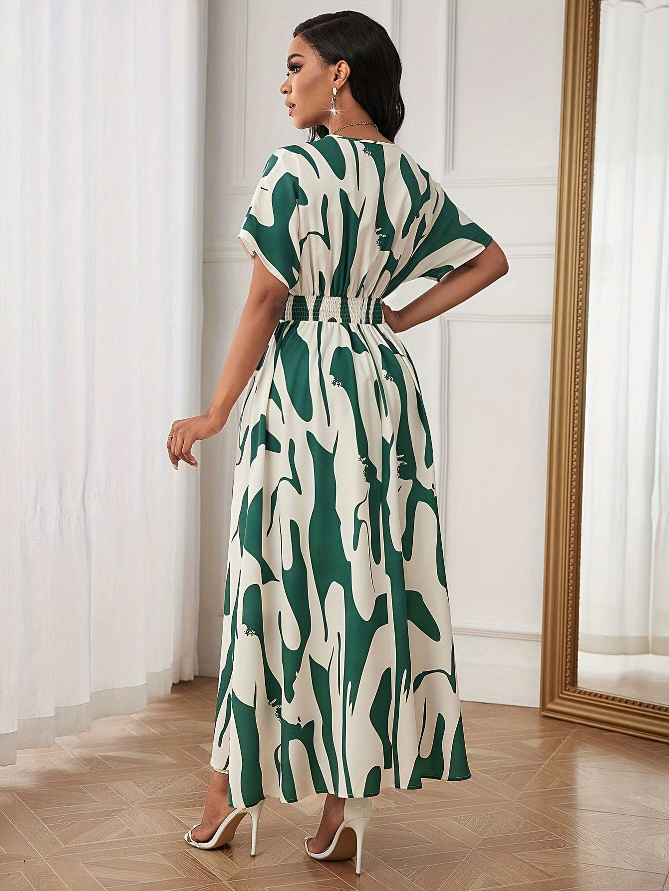 Vibrant Colorblock A-line Dress - Elegant Women's Spring & Summer Dresses with Cinched Waist, V Neck, Short Sleeves, and Flared Hem - Perfect for Outdoor Activities and Casual Events