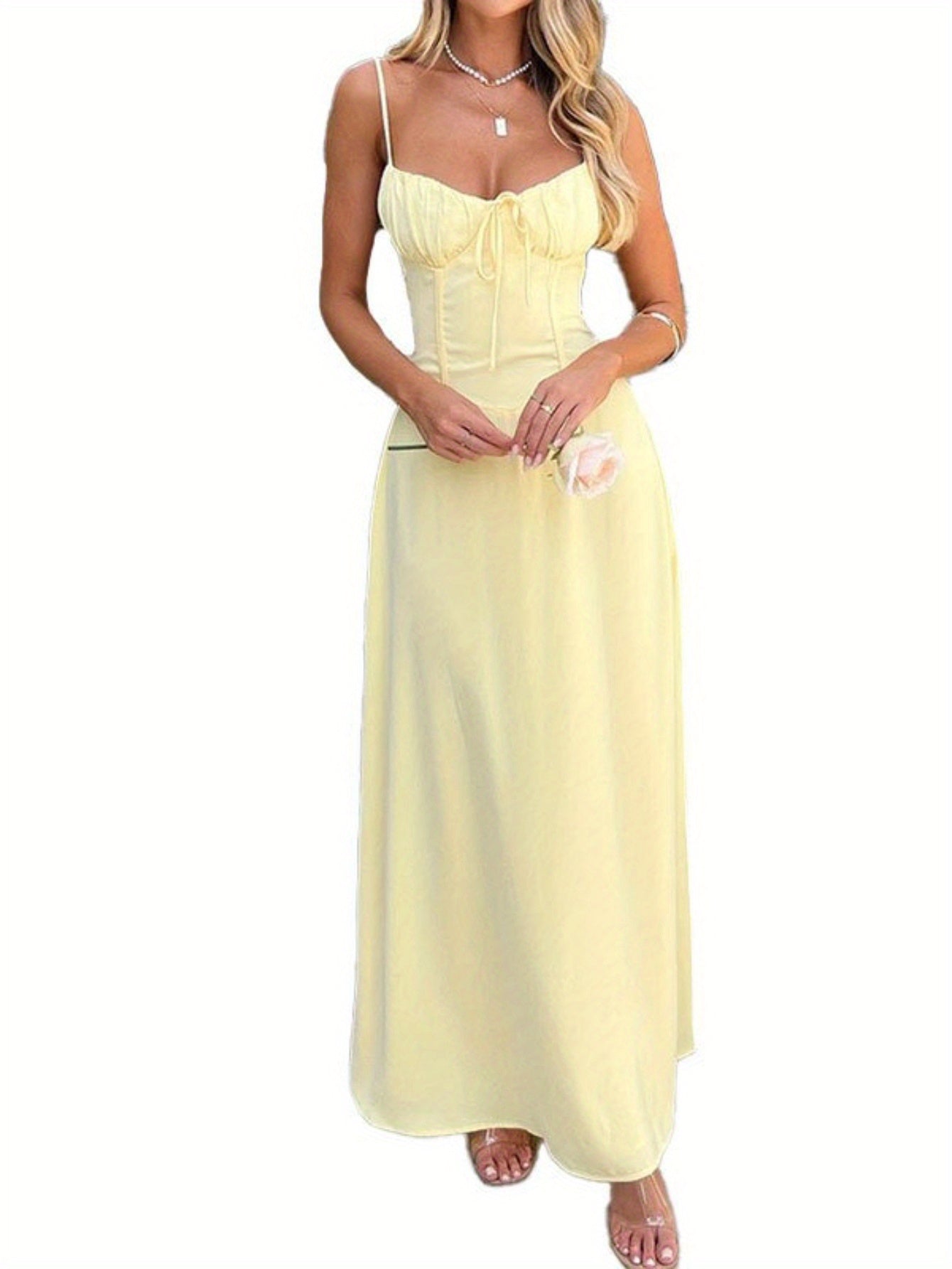 Elegant Sleeveless A-Line Midi Dress with Tie-Back Detail - Light Yellow, Flowy Summer Dress for Women, Perfect for Daily Wear, Travel, Parties, and Banquets, Cute Summer Dresses