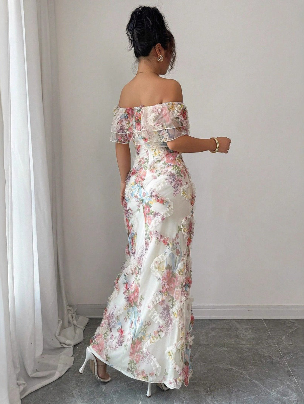 Women'S Elegant Romantic Ruffled Off-Shoulder Floral Print Maxi Dress - Lightweight Breathable Mesh A-Line H-Line Silhouette with Short Sleeves & Round Neck, Spring Summer Formal & Semi-Formal Evening Party Wedding Guest Dres