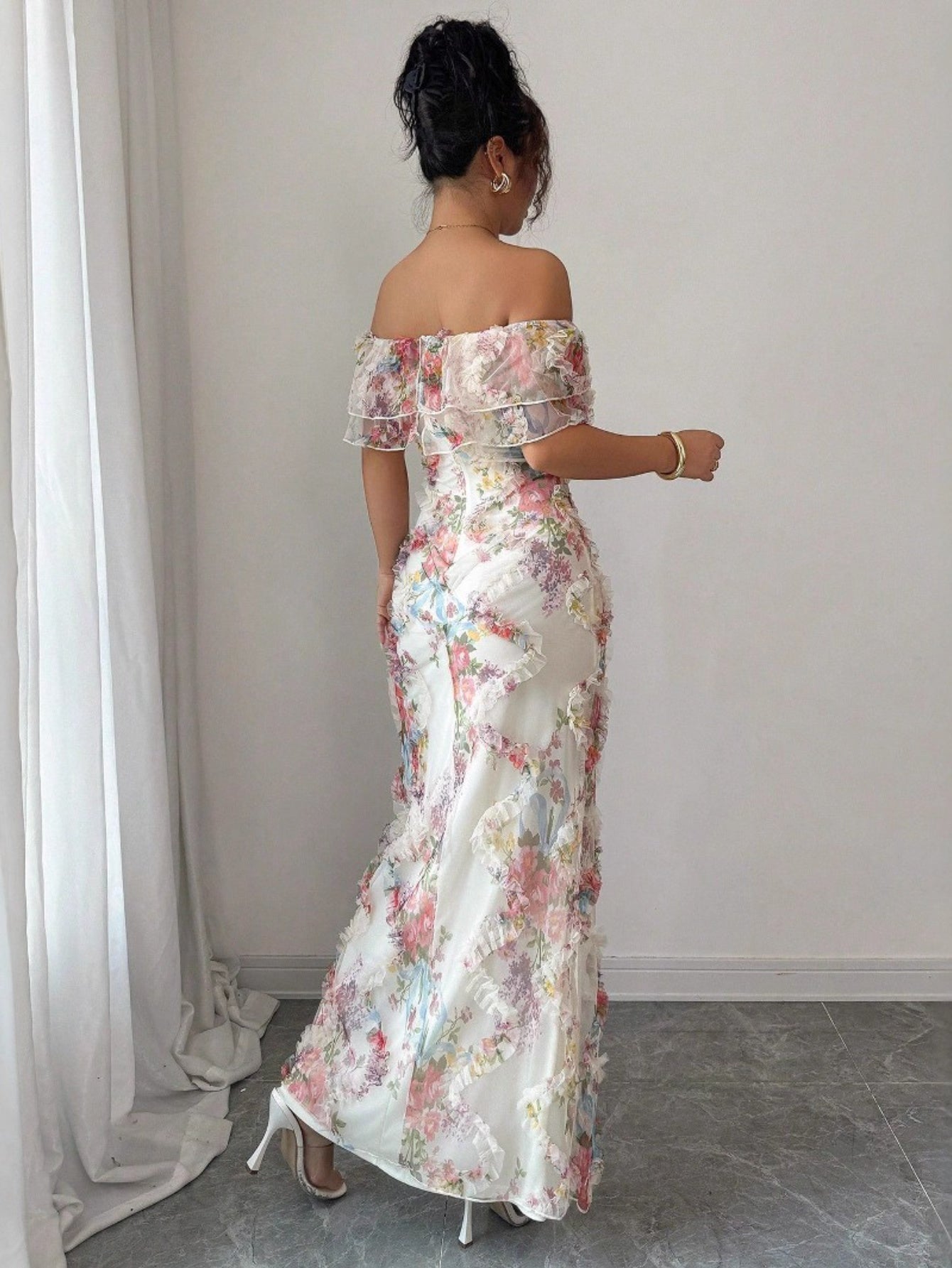 Women'S Elegant Romantic Ruffled Off-Shoulder Floral Print Maxi Dress - Lightweight Breathable Mesh A-Line H-Line Silhouette with Short Sleeves & Round Neck, Spring Summer Formal & Semi-Formal Evening Party Wedding Guest Dres