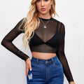 Sheer Mesh Long Sleeve Crop Top, No Bra