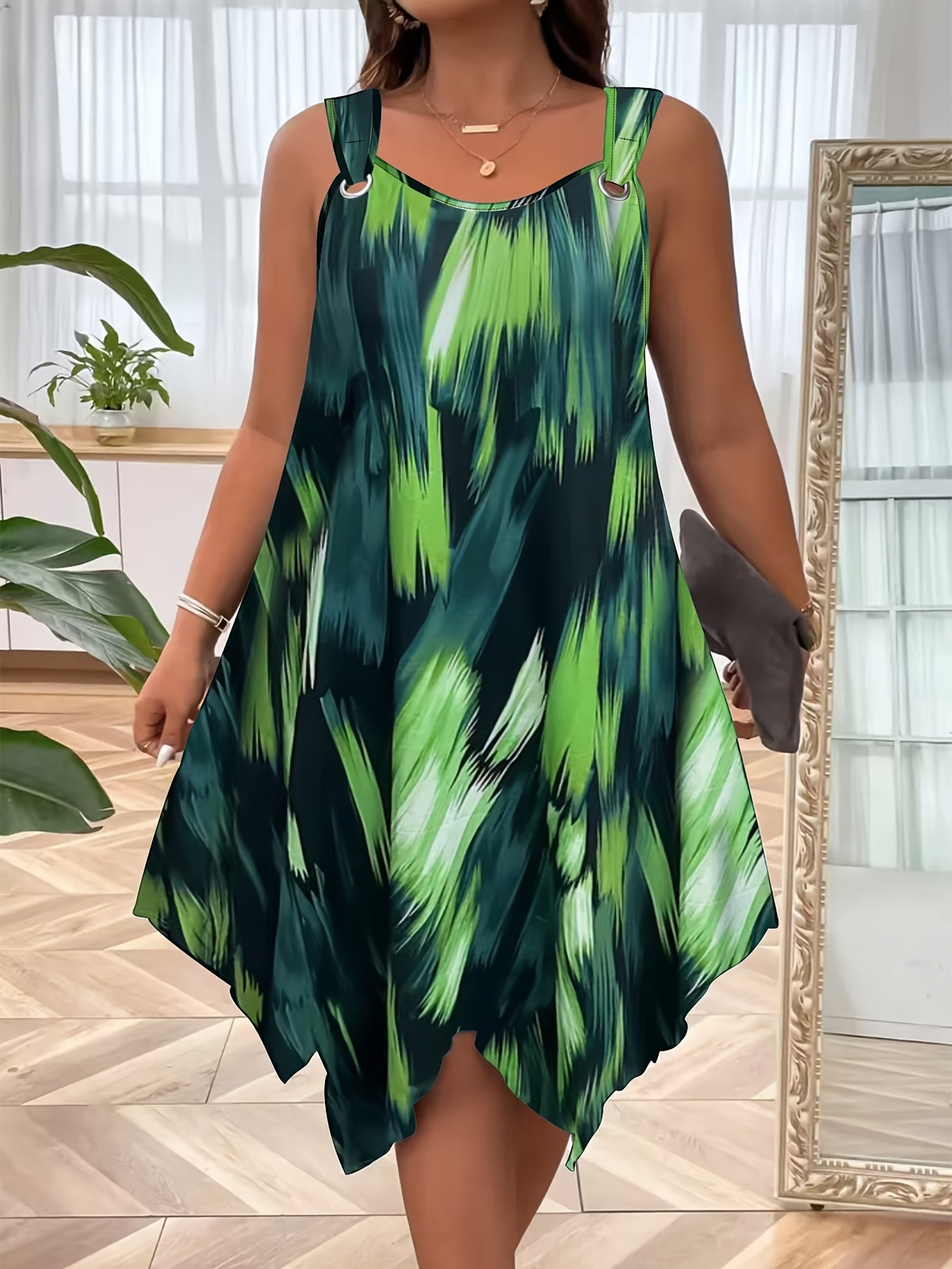 Plus Size Women's Elegant Sleeveless Summer Dress - Gradient Print with Pockets, Asymmetrical Hem & Round Neck, Machine Washable Casual to Semi-Formal Wear, Casual Summer Dresses, Lightweight Fashion, Round Neckline, Flowy Si