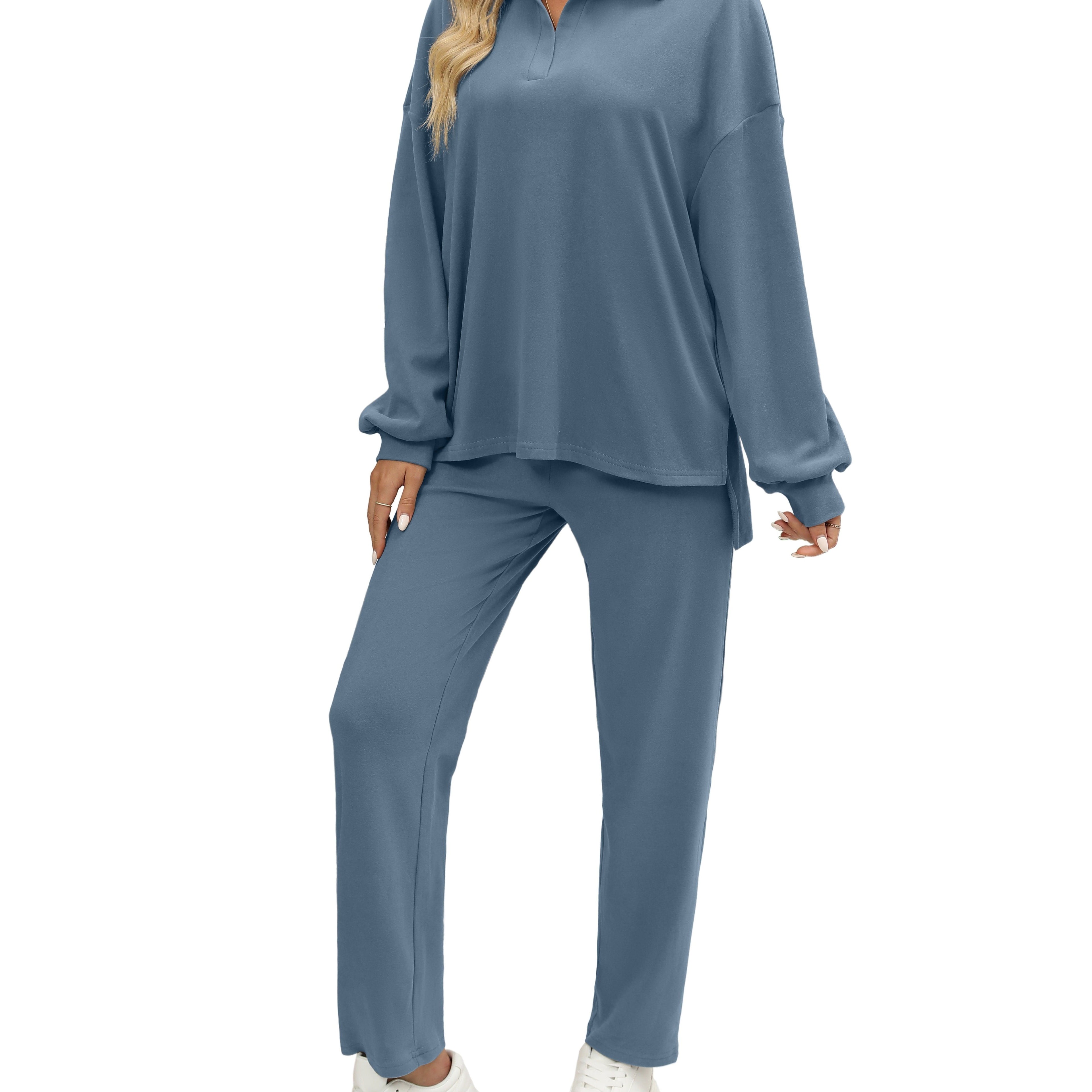 Two Pieces Outfits For Women Oversized Side Slit Sweatshirts&Comfortable Long Pants Sweatsuits