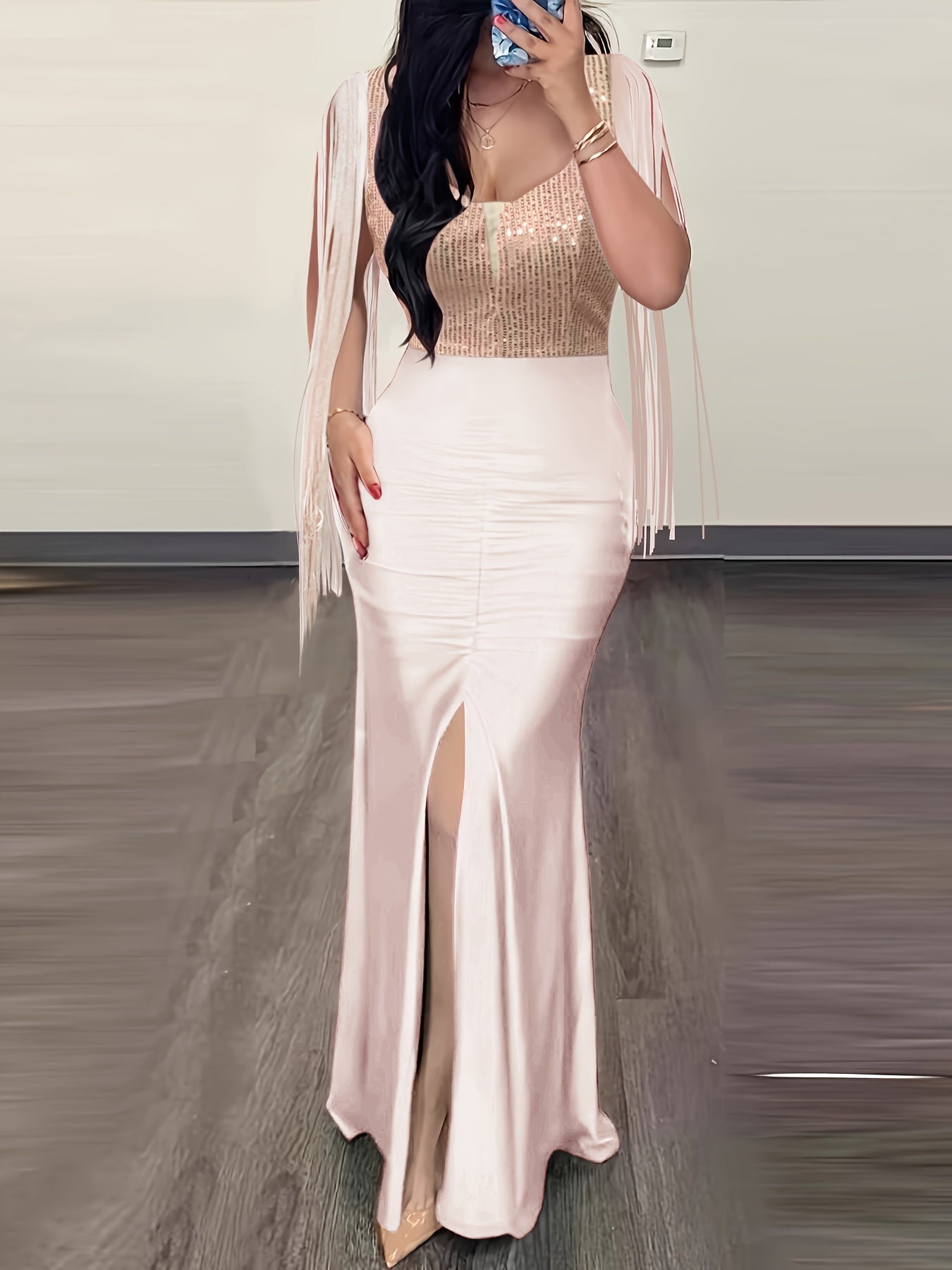 Stunning Solid Tassel Trim Bodycon Dress - Women's Party Dresses with Elegant Cut Out Back Split Thigh Design, Figure-Hugging Silhouette, and Chic Accessories for a Glamorous Night Out