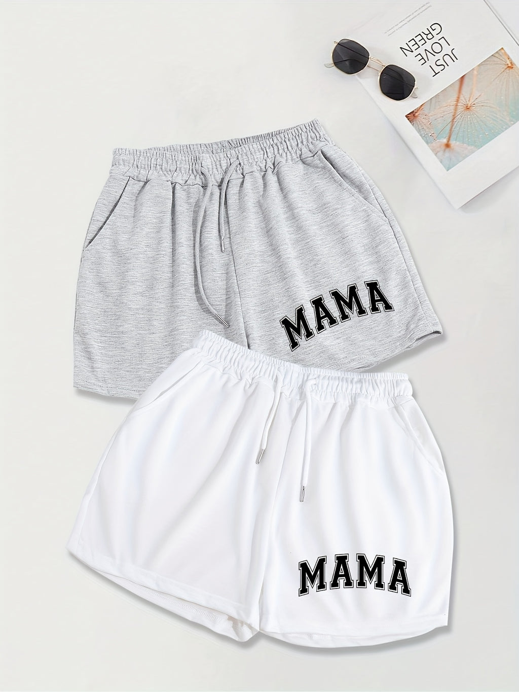 2 Pack Slant Pocket Elastic Waist Shorts, Mama Print Casual Drawstring Shorts Outfits for Women