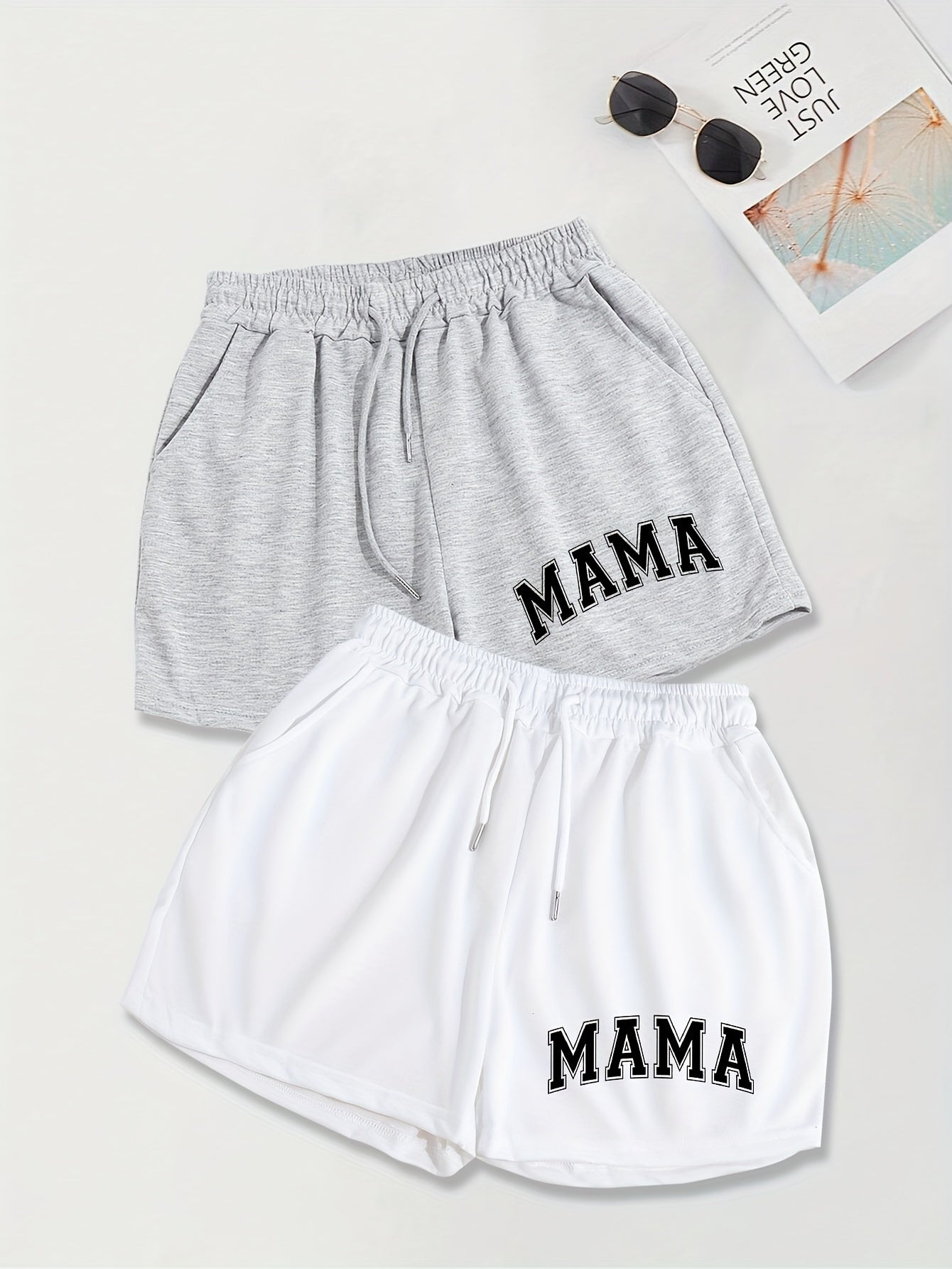 2 Pack Slant Pocket Elastic Waist Shorts, Mama Print Casual Drawstring Shorts Outfits for Women