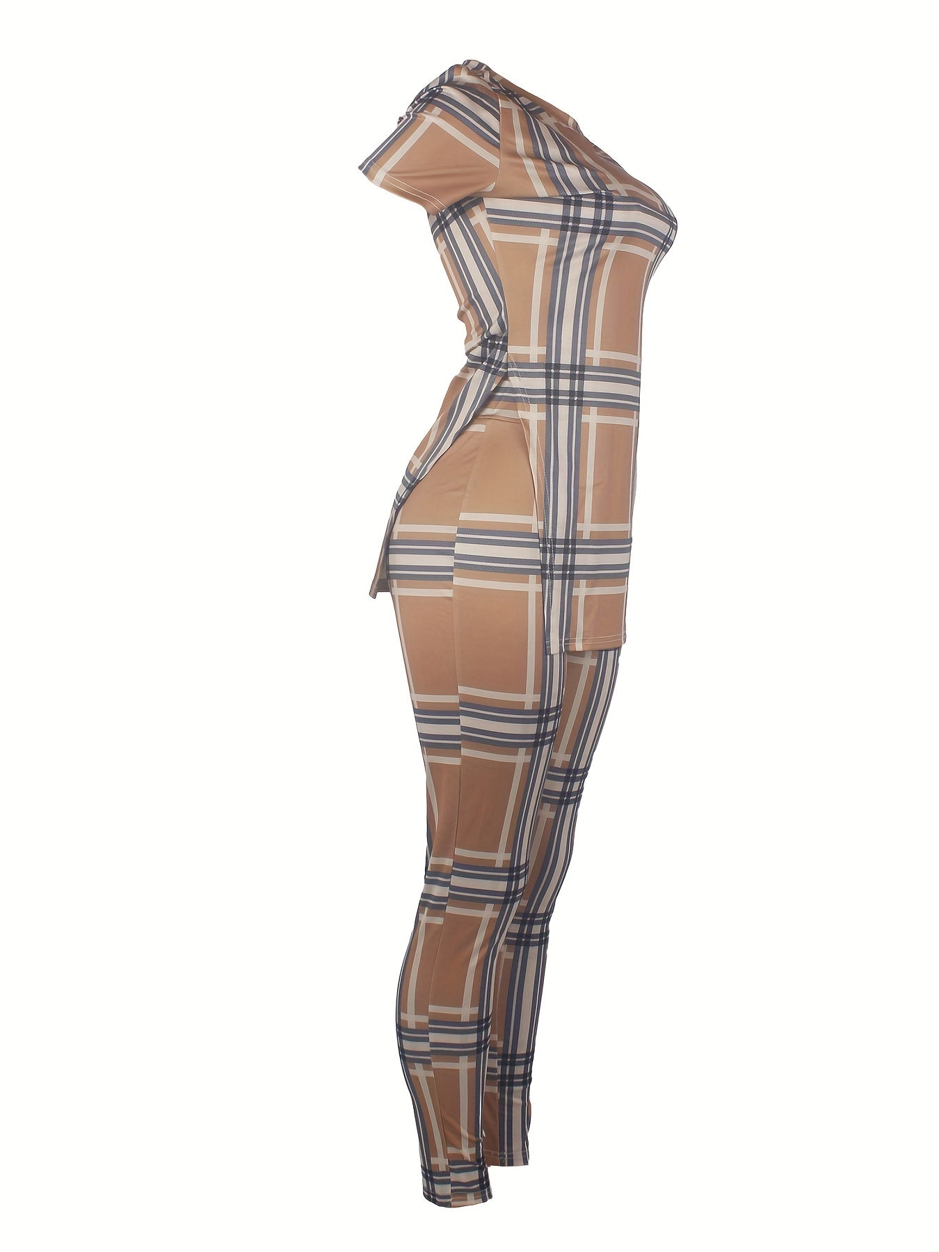 Plaid Print Casual Two-piece Set, Side Split Short Sleeve Top & Slim Pants Outfits, Women's Clothing