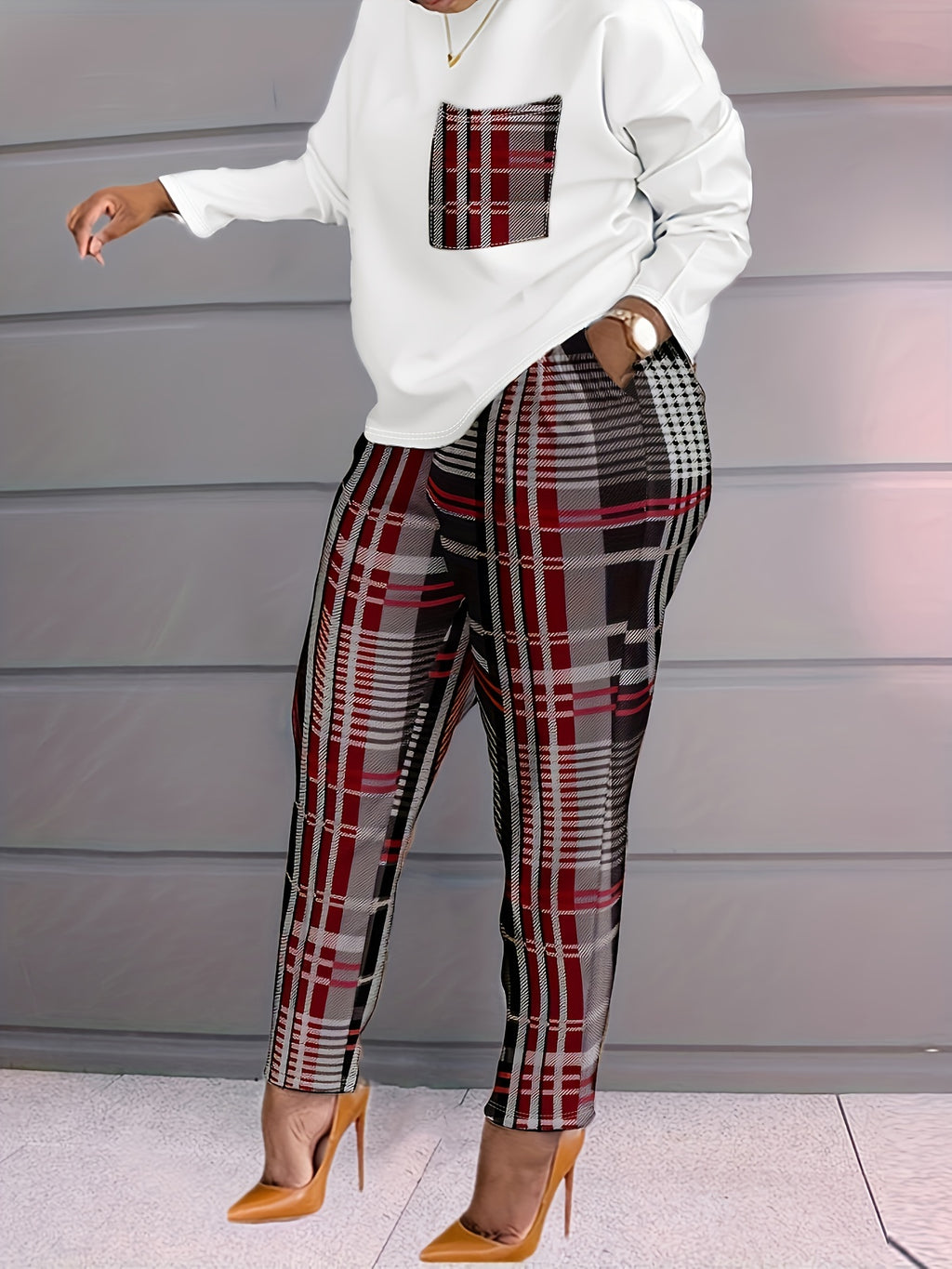 Plus Size Casual Outfits Set, Women's Plus Plaid Print Long Sleeve Round Neck Top & Pocketed Pants Outfits Two Piece Set