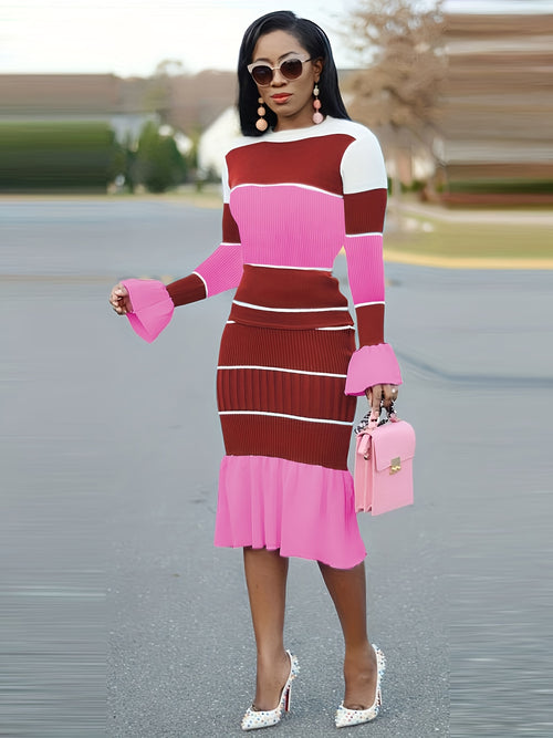 Casual Chic Color Block & Stripe Two-Piece Set - Cotton Blend Crew Neck Top with High-Elasticity Chiffon Skirt