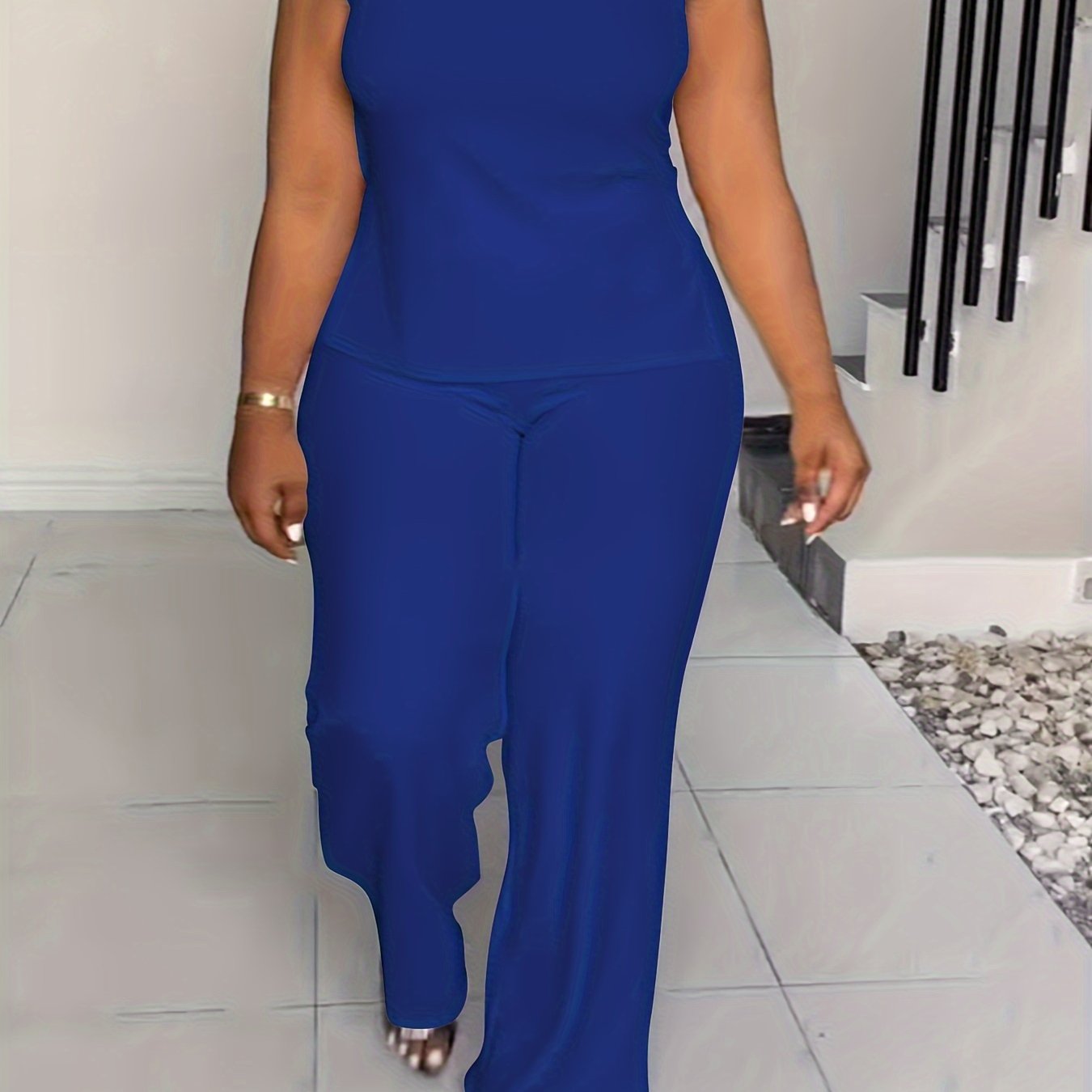 Plus Size Elegant Lash Sets - High Neck, Split Sleeveless Top & Slit Hem Pants, Medium Stretch Polyester, Machine Washable, Solid Color, No Printing - Summer Outfits for Women