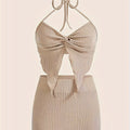 Two-piece Solid Slim Y2K Skirt Set, High Waist Ribbed Skirt & Twist Halter Crop Cami Top Outfits for Women