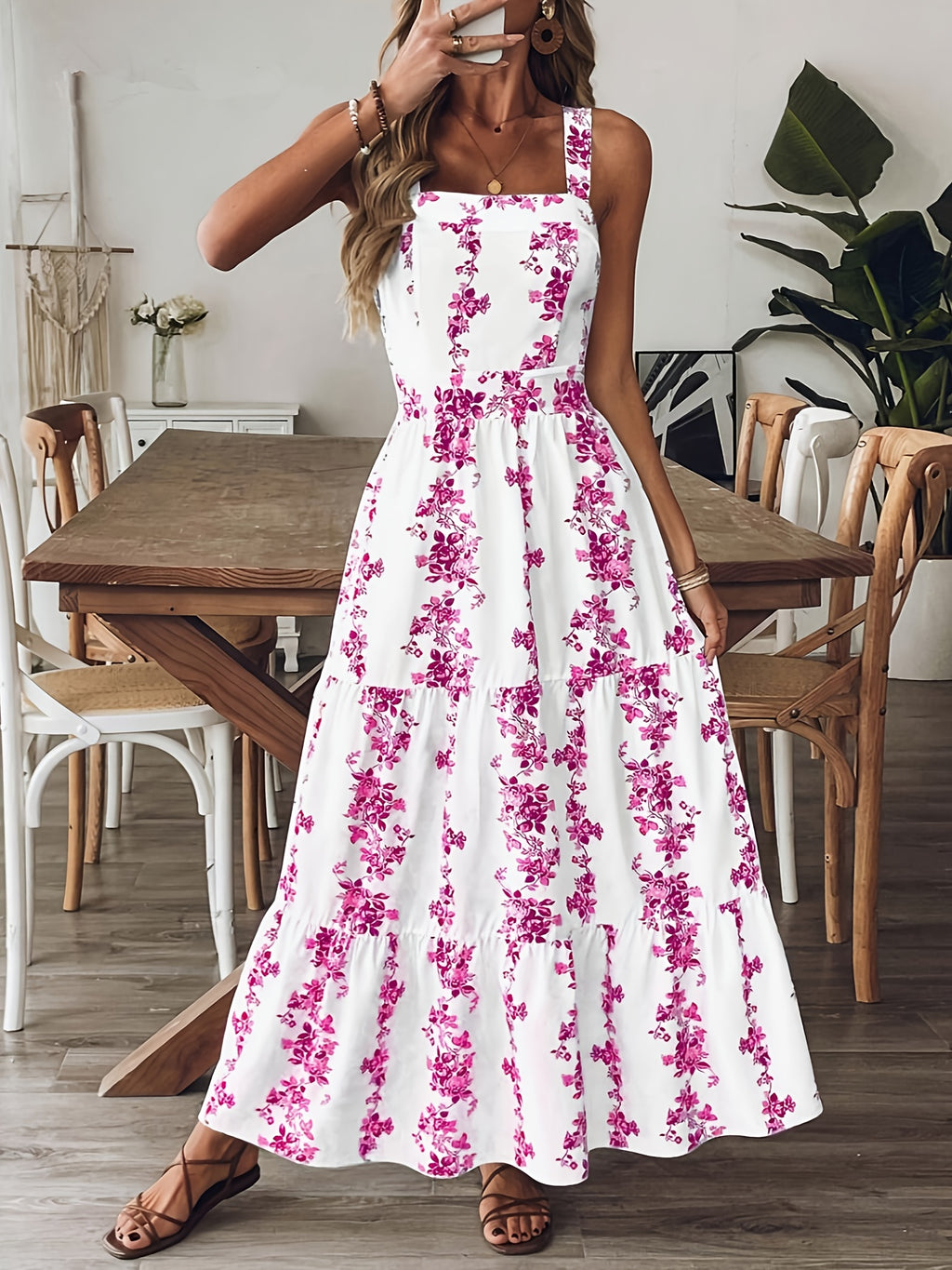 Women'S Floral Print Sleeveless A-Line Dress - Elegant Square Neck Summer Dress with Back Bow Detail, Blue & White Floral Print, Lightweight Breathable Fabric for Casual, Office & Vacation Wear, Casual Summer Dresses, Flowy F